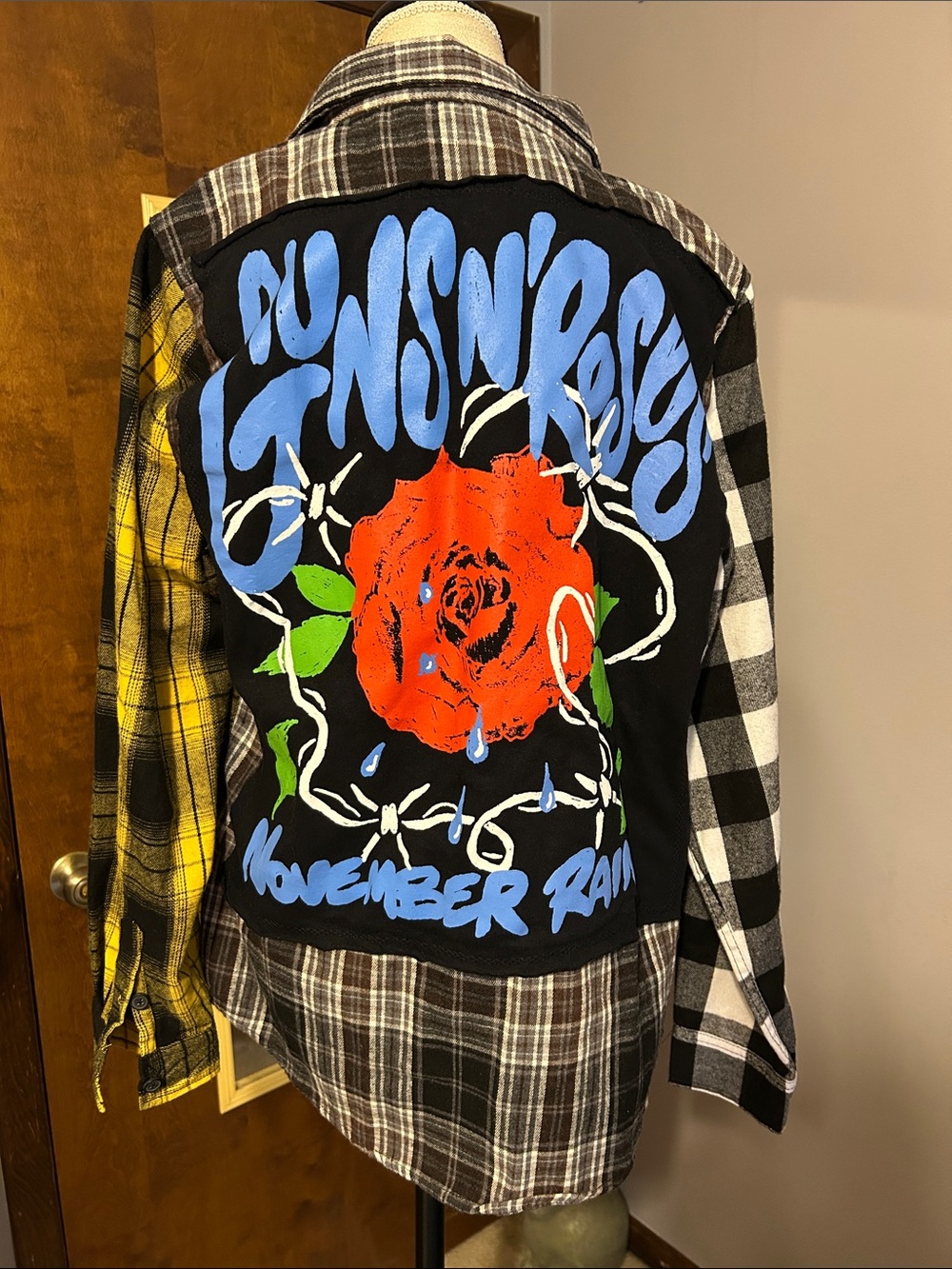 Guns N’ Roses Plaid Patchwork Button-Down Shirt with Graphic Rose Back